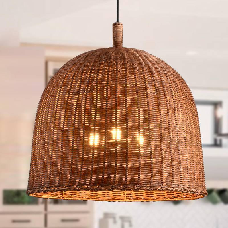 lot 64247 image: Dark Brown Rattan Pendant Light with 3-Light,Ratan Hanging - Retail $177