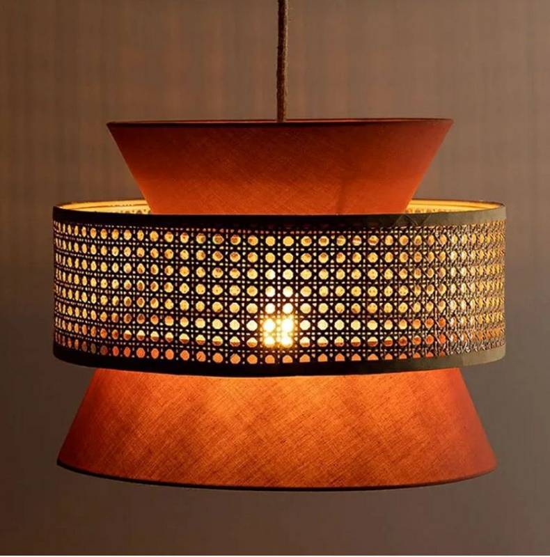 lot 64242 image: Mid-Century Orange Chandelier Light,E26 Socket Rattan Pendant Lights,Drum Shade Chandelier,Bamboo Dining Room Lighting, 19in Top 23.5in Bottom. - Retail $250
