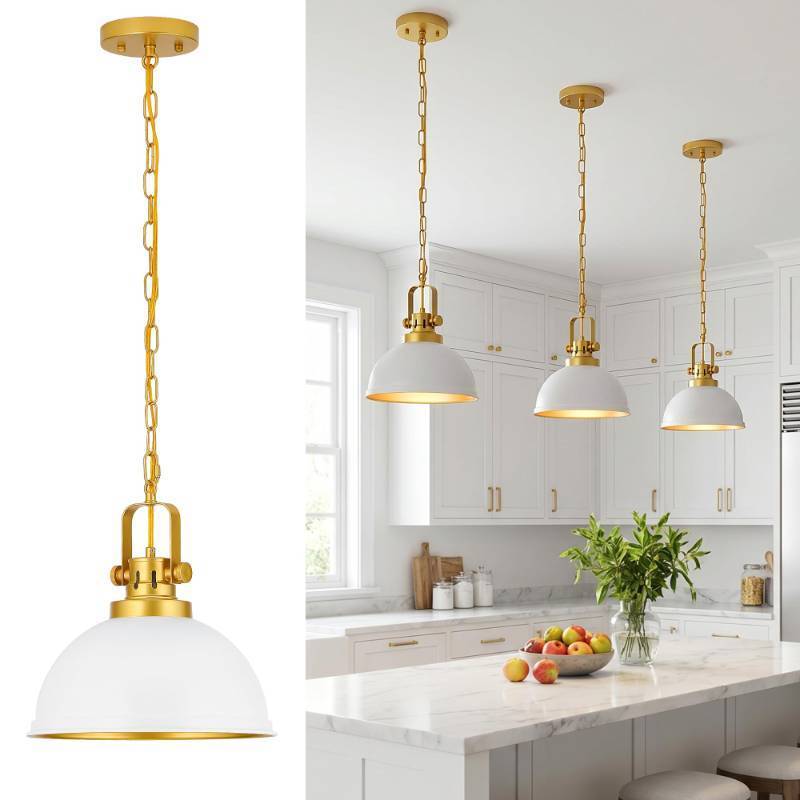 lot 64253 image: White and Gold Pendant Lights, 11.8 Modern Dome Pendant Light Fixtures with Adjustable Chain Hanging Lighting for Kitchen Island Dining Room Restaurant Bedroom Foyer Entrance Sink - Retail $1,350