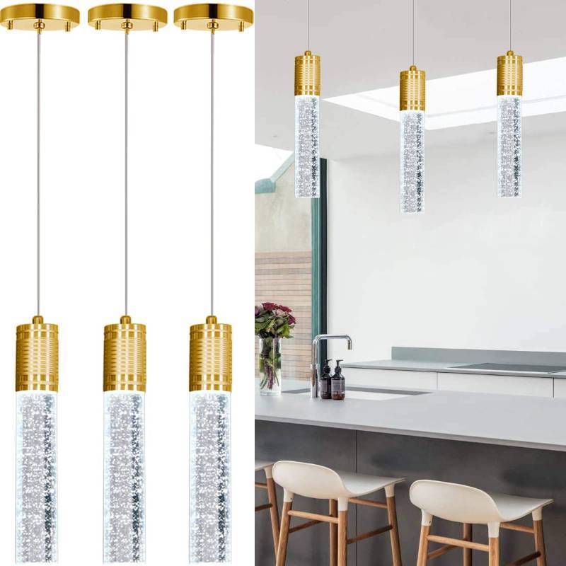lot 64254 image: Set of 3 Pendant Lights for Kitchen Island, White Light, Gold Crystal Linear Pendant Lighting, Bar Corner LED Light Fixtures Glam Drop Light - Retail $129
