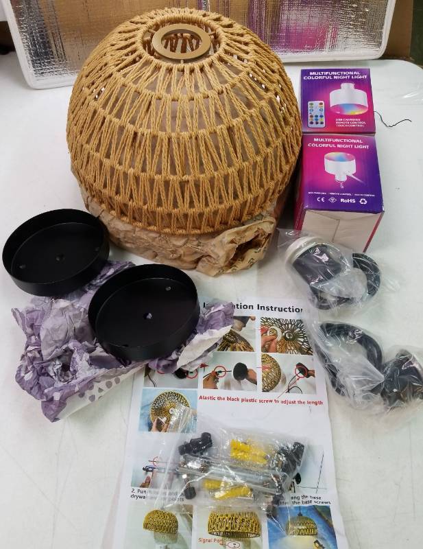 lot 64263 image: 2PCS Battery Operated Chandelier with Remote for Outdoor 11 Diameter, Rattan Shade, Boho Style, Rechargeable, Cordless for Porch Gazebo Patio Outdoor Umbrella, Power Outage Light - Retail $100