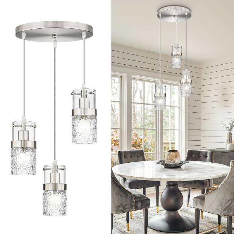 lot 64269 image: LMS 3-Light Brushed Nickel Cluster Pendant Light, Modern Dining Room Light Fixture with Hammered Glass, Hanging Chandelier Lighting for Dining Room, Kitchen Island, Bedroom, LMS-198 - Retail $82