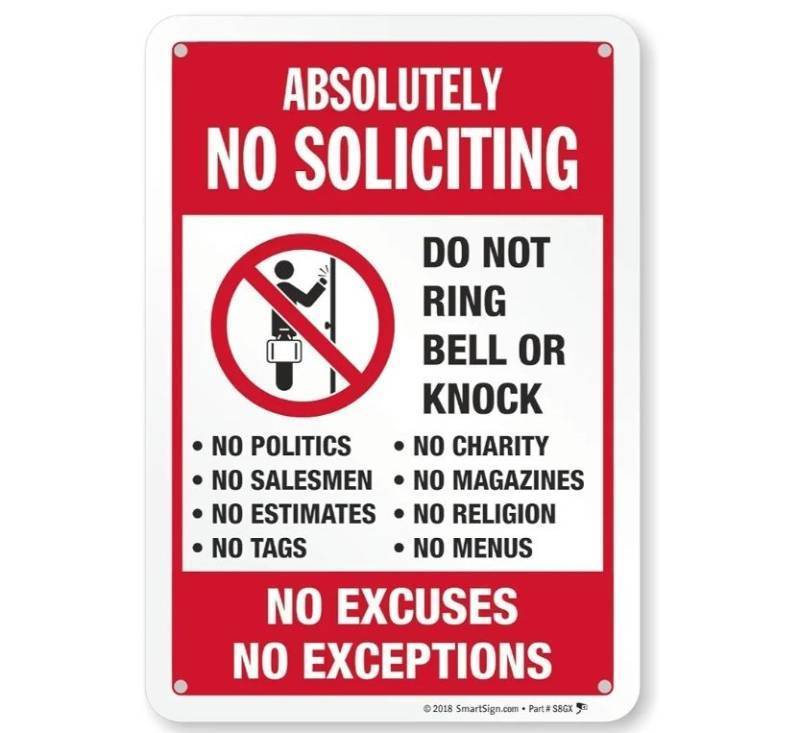 lot 64308 image: SmartSign 10 x 7 Absolutely No Soliciting Do Not Ring Bell No Excuses No Exceptions Metal Sign, 40 mil Aluminum 3M Laminated Engineer Grade Reflective Material - Retail $12