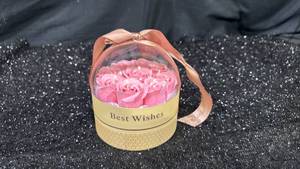 lot 5 image: Best Wishes Floral Arrangement Pink Roses Clear Dome Box