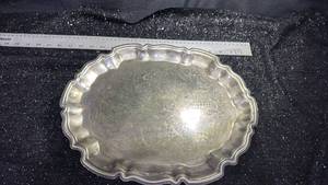 lot 8 image: Ornate Scalloped Edge metal Serving Tray with Engraved Center Design