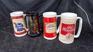 lot 51 image: Beer Stein Mug Lot 4 Pcs Pabst Blue Ribbon Michelob Budweiser Old Milwaukee