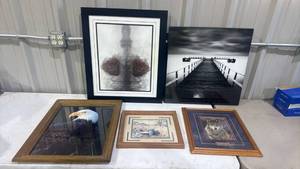 lot 110 image: Lot of 5 Framed Wall Art Prints Pier Landscape Wildlife Eagle Wolf