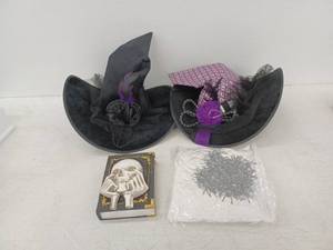 lot 21350 image: Halloween Lot, 2 Witches Hats, Skull Book that lights up & Spider Web with spiders