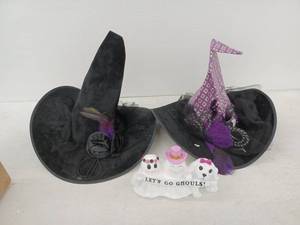 lot 21353 image: 2 Black Witch Hats & Ghost Figurine Halloween Decoration Set
