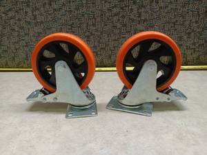 lot 1353 image: Industrial Caster Wheels w Orange Polyurethane Tires, Set of 2