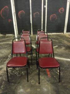 lot 5011 image: Red Padded Stacking Chairs w Black Metal Frame (Qty 6)
