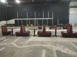 lot 5015 image: Burgundy Booth Seating Set w Tables
