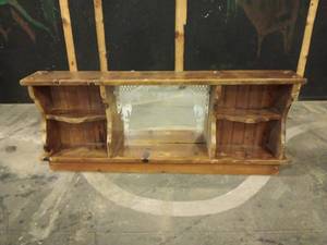 lot 5020 image: Wooden Storage Hutch w Glass Mirror in  Center & Side Compartments
