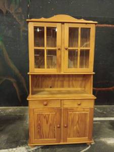lot 5025 image: Yellow Pine Wood Cabinet w Glass Doors & Drawers