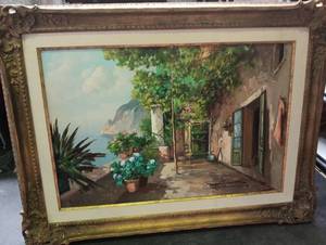 lot 1392 image: Framed Coastal Mediterranean Landscape Painting 46x23 inches