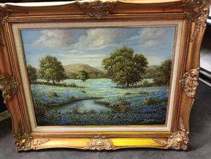 lot 1394 image: Framed Oil Painting Landscape with Bluebonnets Trees and Stream 31x25