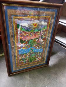 lot 1397 image: Framed Landscape Illustration with Sun Clouds Water and Layered Scenery 19x27