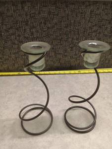 lot 1430 image: Pair of Glass Candle Holders with Spiral Metal Stands
