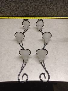lot 1437 image: 6 Piece Hanging Candle Holder Set with Black Metal Frame and White Cande holders