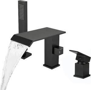 lot 31074 image: Waterfall Tub Faucet with Hand Shower, Matte Black, 3-Hole Widespread
