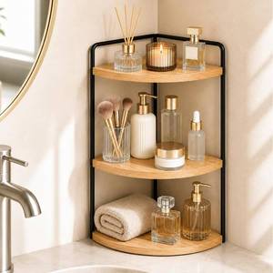 lot 31090 image: 3-Tier Corner Bathroom Countertop Organizer, Solid Pine Wood Vanity Shelf