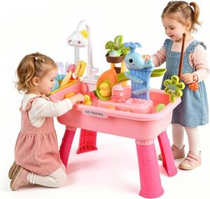 lot 31168 image: 4-in-1 Sand & Water Table, Pump & Faucet, Height-Adjustable (Pink)