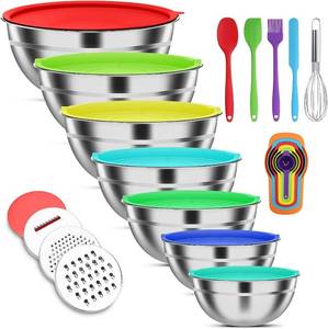 lot 31175 image: Stainless Steel Mixing Bowls Set with Lids & 3 Grater Attachments, Colorful