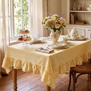 lot 31216 image: Mindsoft Yellow Striped Ruffled Rectangular Tablecloth 52 x 70 Inches