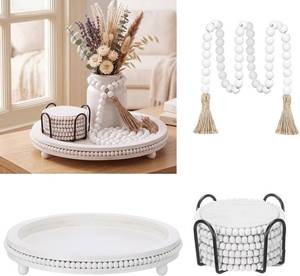 lot 31233 image: 8 Pcs Farmhouse Tray Wooden Bead Coasters Garland Tassels Set