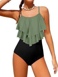 lot 31333 image: Girls Color Block One-Piece Swimsuit with 2-Tier Ruffles 10Y