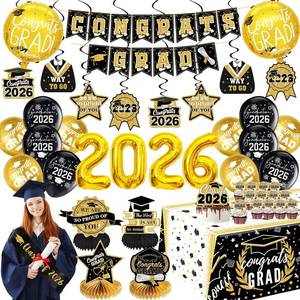 lot 31397 image: Black and Gold Graduation Decorations 2026   32in Balloons, Congrats Sash