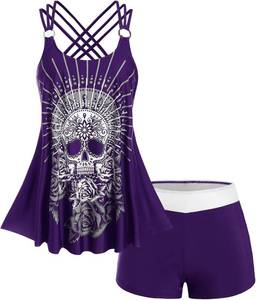 lot 31486 image: Rosegal Womens Plus-Size Modest Skull Rose Print Tankini Swimsuit Set blue medi