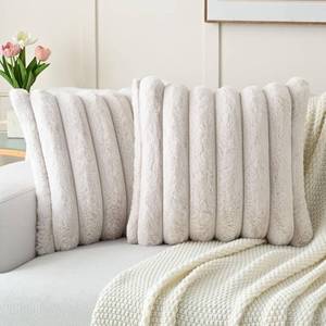 lot 31511 image: FUTEI 2-Pack Faux Rabbit Fur Throw Pillow Covers 16x16 Beige, Plush