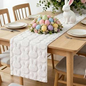 lot 31563 image: Easter Table Runner White Soft Plush Faux Fur Jacquard Bunny Kitchen Decor