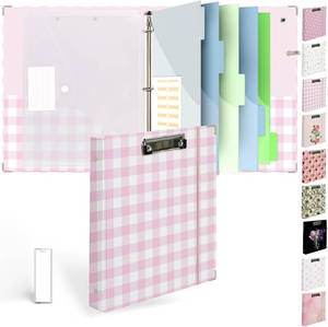 lot 5961 image: 3 Ring Binder 1-Inch with Clipboard, PinkWhite Grid, Dividers, File Bag