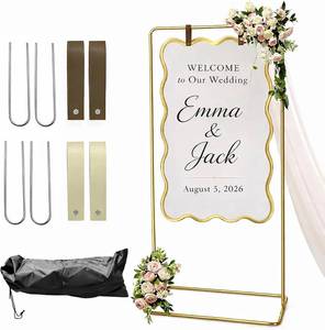 lot 5990 image: Wedding Sign Stand, Metal Holder with Leather Straps, 4 Stakes, Gold