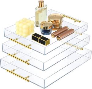 lot 5993 image: meekoo 3 Pack Acrylic Serving Tray with Handles, Clear with Gold Handle