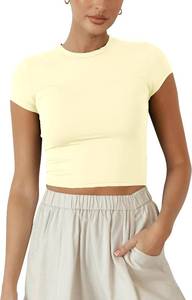 lot 6102 image: BAIGRAM Women Slim Cap Sleeve Round Neck Crop Tee - Form-Fitting Tee M