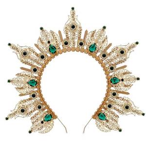 lot 6138 image: Sunburst Greek Goddess Crown, Gold Green Spiked Moon Sun Halo Crown