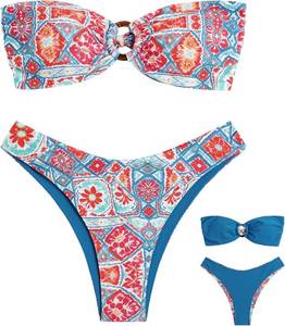 lot 6140 image: ZAFUL Womens Bandeau Bikini O Ring Strapless High Cut Two Piece Swimsuit Small