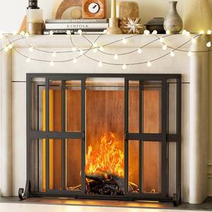 lot 6153 image: Fireplace Screen with Sliding Doors, Wrought Iron Panel Spark Guard Cover