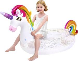 lot 6179 image: JOYIN Unicorn Pool Float - Inflatable Rainbow Unicorn Floaty, Ride-On Toy