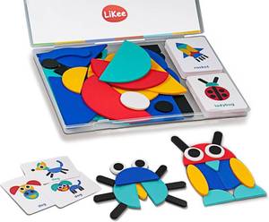 lot 6193 image: LiKee Wooden Shape Puzzle, 36 Blocks & 60 Cards, Montessori Toy for Kids 3