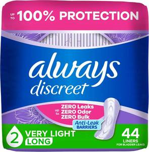 lot 6220 image: Always Discreet Incontinence Panty Liners, Size 2, Very Light, Long, 44 CT