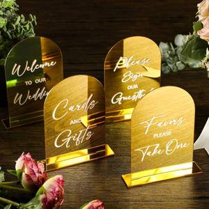 lot 6241 image: Woanger Arch Acrylic Wedding Signs 4x6 in with Stand, Gold Welcome Sign