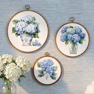 lot 6257 image: Fiwochic 3 Pcs Round Chinoiserie Blue Hydrangea Canvas Wall Decor