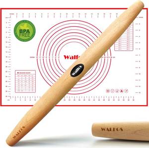 lot 6319 image: WALFOS French Rolling Pin and Silicone Baking Mat Set, Beech Wood 15.7-Inch
