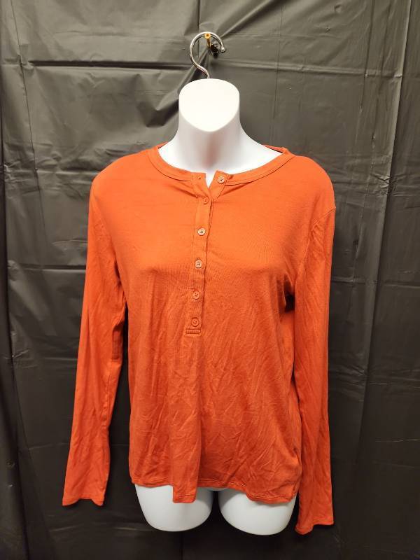 lot 71272 image: Orange Long Sleeve Henley Button Front Top (Size L) - Retail $8