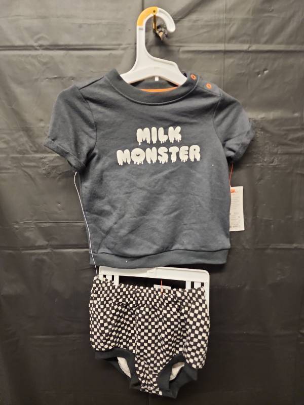 lot 71330 image: Cat&Jack, Baby Boy Milk Monster T-Shirt and Checkered Short Set (Size 12M) - Retail $12