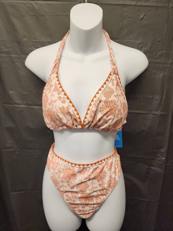 lot 71357 image: CupShe, Orange Floral Print Two-Piece Bikini Set with Halter Top (Size L) - Retail $25
